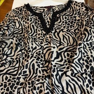 Lily Stanhope 100 percent linen with beaded v neck Animal Print Women's Top